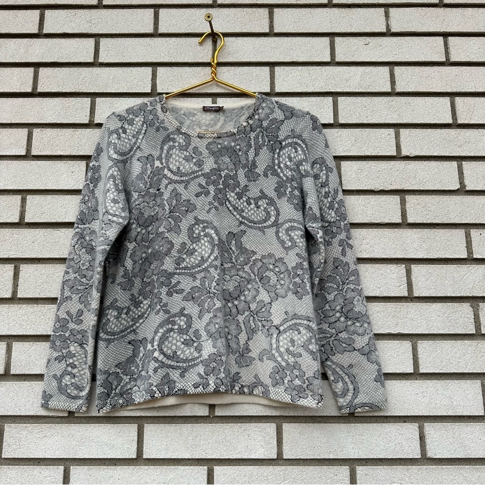 J McLaughlin 100% Cashmere Lace Print Sweater Gray Cream L‎ Coastal Old Money